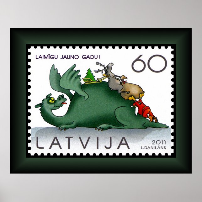 Dragon ~ Santa ~ Reindeer ~ Lettland ~ Briefmarke  Poster (Vorne)