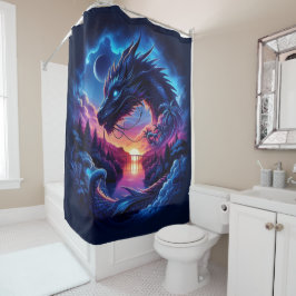 Dragon Silhouette gegen einen lebendigen Sonnenunt Duschvorhang