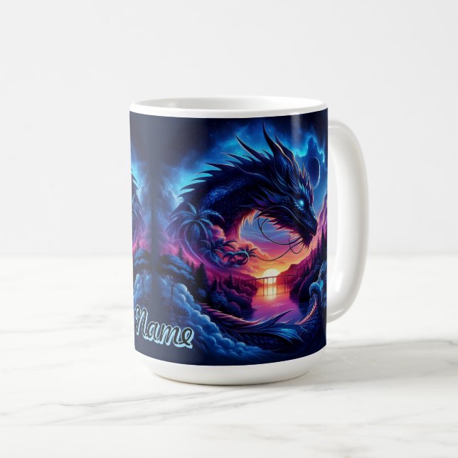 Dragon Silhouette gegen einen lebendigen Sonnenunt Kaffeetasse (VorderseiteRechts)
