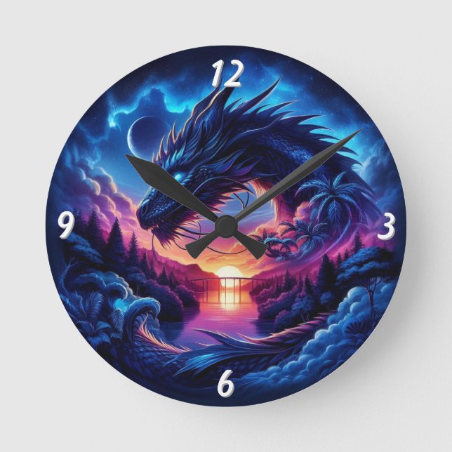 Dragon Silhouette gegen einen lebendigen Sonnenunt Runde Wanduhr (Vorderseite)