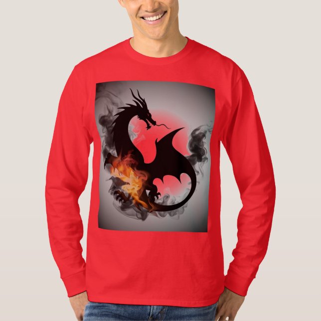 Dragon Smoke Silhouette Roter Langärmeliger T - Sh T-Shirt (Vorderseite)