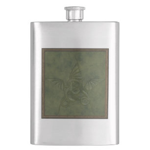 Dragon Star - Embosses Green Leather Image Flachmann