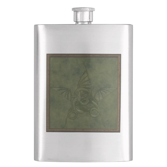 Dragon Star - Embosses Green Leather Image Flachmann (Vorderseite)