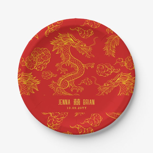 Dragon Style Double Happy Symbol Red+Gol Style Pappteller (Vorderseite)