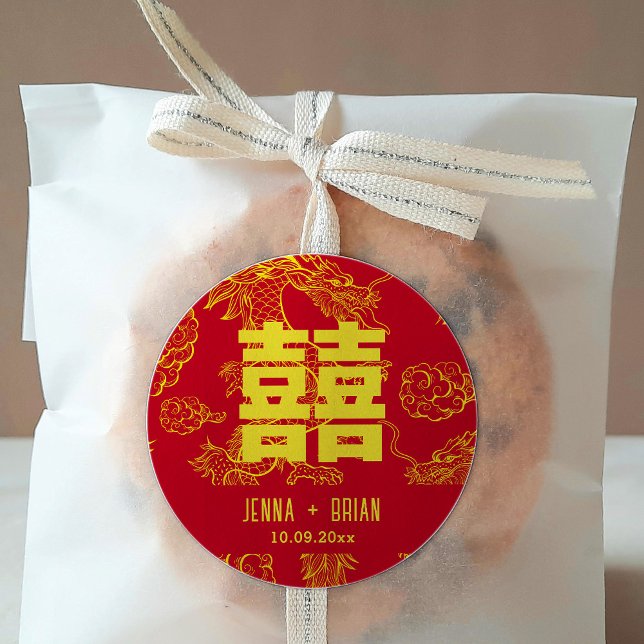 Dragon Style Double Happy Symbol Red+Gold Runder Aufkleber (Von Creator hochgeladen)