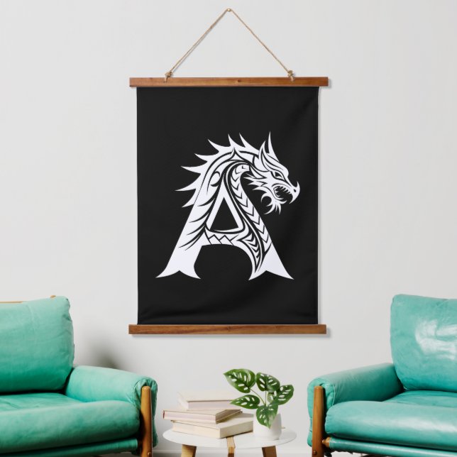 Dragon Styled Letter A, Dragon Alphabet, Monogram Wandteppich Mit Holzrahmen (Wohnzimmer)