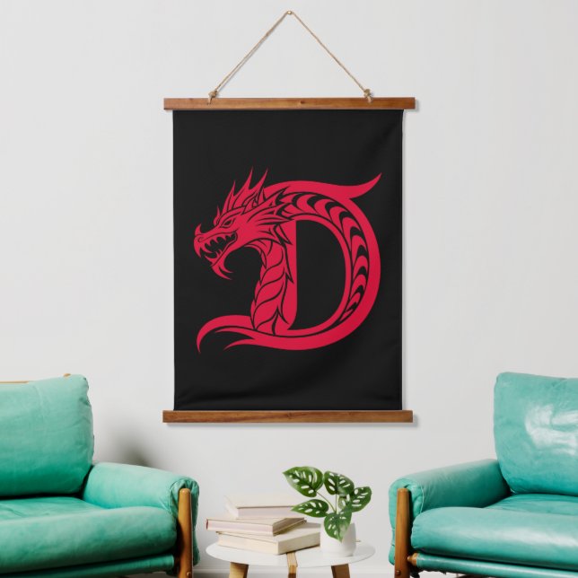 Dragon Styled Letter D, Dragon Alphabet, Monogram Wandteppich Mit Holzrahmen (Wohnzimmer)