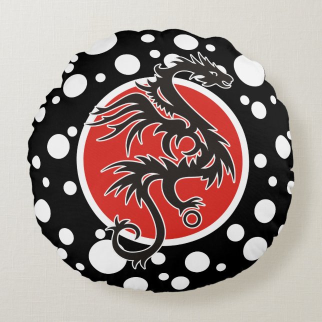 Dragon Sun - Schwarz-Weiß + Ihre Ideen Rundes Kissen (Vorderseite)