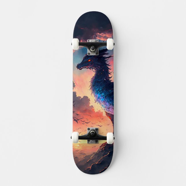 Dragon Sunset mit Orange und Lila Hues Skateboard (Vorderseite)