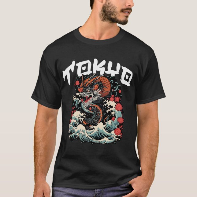 Dragon tanzt japanische Retro Seascape T-Shirt (Vorderseite)