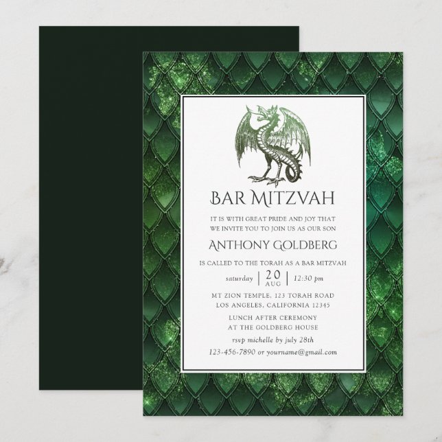 Dragon themed Bar Mitzvah Einladung (Vorne/Hinten)