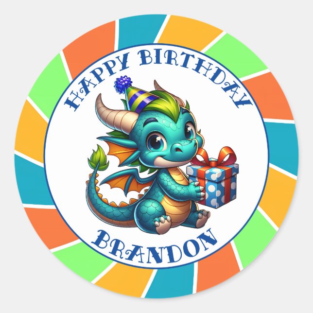Dragon Themed Boys Geburtstagsparty Runder Aufkleber (Vorderseite)