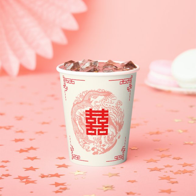 Dragon und Phoenix beige rote chinesische Hochzeit Pappbecher (Insitu)