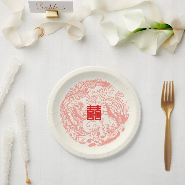 Dragon und Phoenix beige rote chinesische Hochzeit Pappteller (Hochzeit)