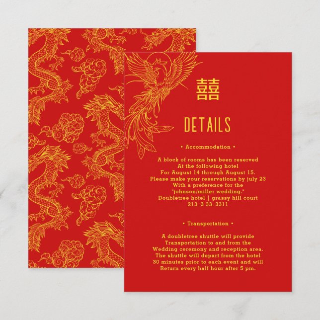 Dragon und Phoenix Hochzeit | Phoenix Gastdetails Begleitkarte (Vorne/Hinten)