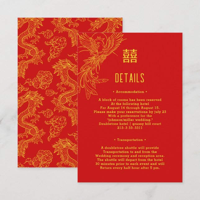 Dragon und Phoenix Hochzeit | Phoenix Gastdetails Einladung (Vorne/Hinten)