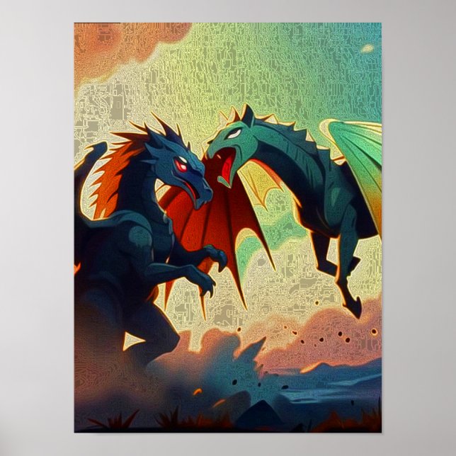 Dragon vs Pegasus - Fantasy Art Poster (Vorne)
