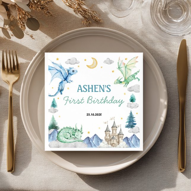 Dragon Watercolor Boy Birthday Napkin Serviette (Von Creator hochgeladen)