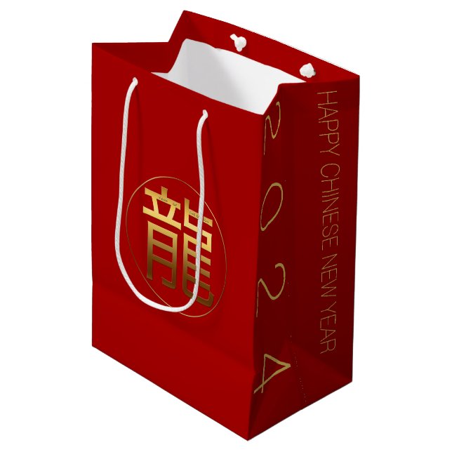 Dragon Year 2024 Gold Prägung Symbol M Geschenktas Mittlere Geschenktüte (Vorderseite Schrägansicht)