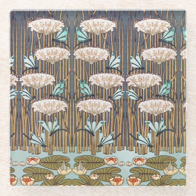 Dragonfis Water Lilies Marsh Art Nouveau Glasuntersetzer (Vorderseite)