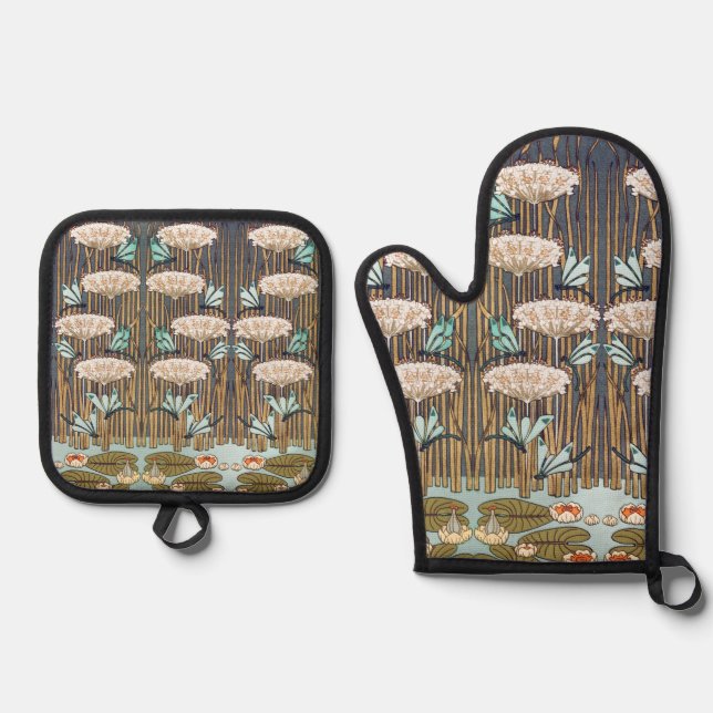 Dragonfis Water Lilies Marsh Art Nouveau Ofenhandschuh & Topflappen-Set (Vorderseite)