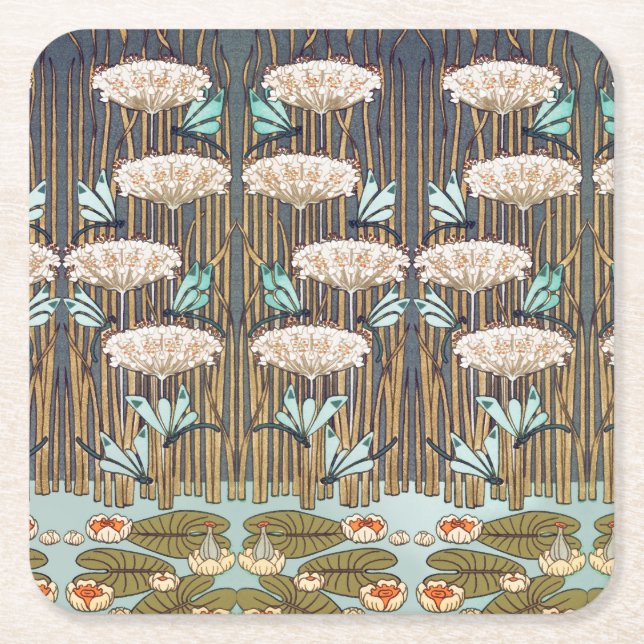 Dragonfis Water Lilies Marsh Art Nouveau Rechteckiger Pappuntersetzer (Vorderseite)