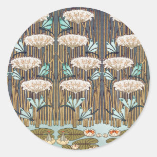 Dragonfis Water Lilies Marsh Art Nouveau Runder Aufkleber