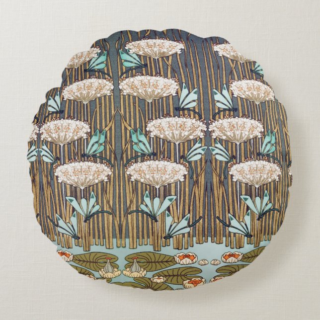 Dragonfis Water Lilies Marsh Art Nouveau Rundes Kissen (Vorderseite)