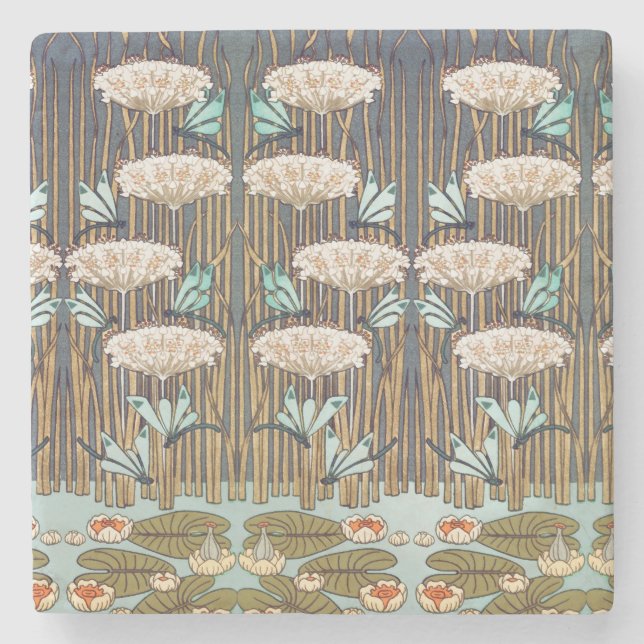 Dragonfis Water Lilies Marsh Art Nouveau Steinuntersetzer (Vorderseite)