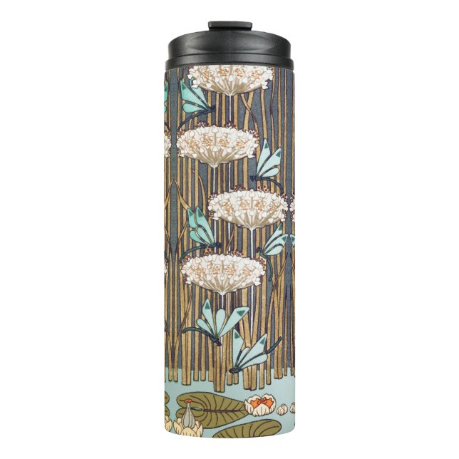 Dragonfis Water Lilies Marsh Art Nouveau Thermosbecher (Vorderseite)