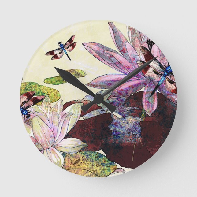 DRAGONFLIEN UND LOTUS.jpg Runde Wanduhr (Vorderseite)