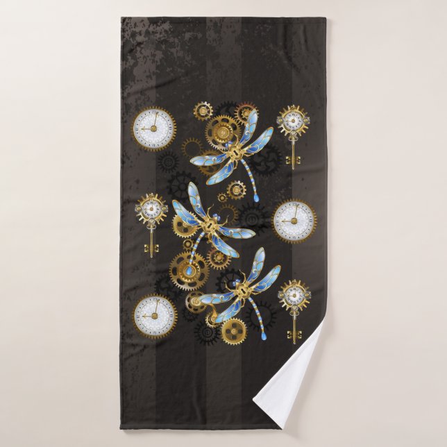 Dragonflies de Steampunk sur arrière - plan rayé b (Serviette de bain)