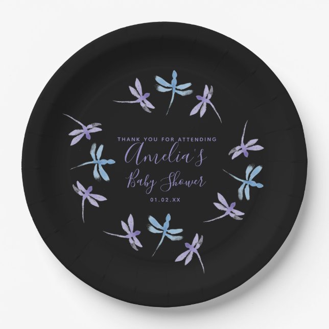Dragonflies Hand bemalt Babydusche schwarz Pappteller (Vorderseite)