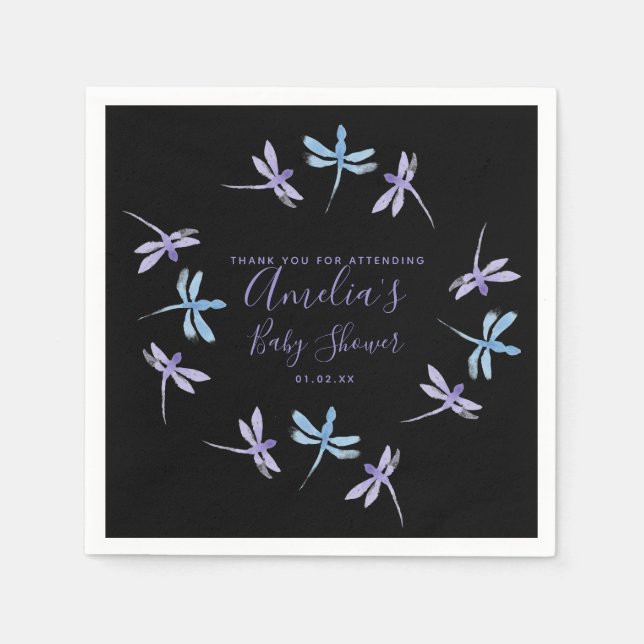 Dragonflies Hand bemalt Babydusche schwarz Serviette (Vorderseite)