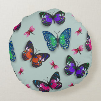 Dragonflies roses et papillons Coussin rond
