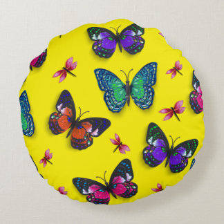 Dragonflies roses et papillons Coussin rond