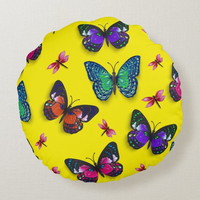 Dragonflies roses et papillons Coussin rond (Dos)