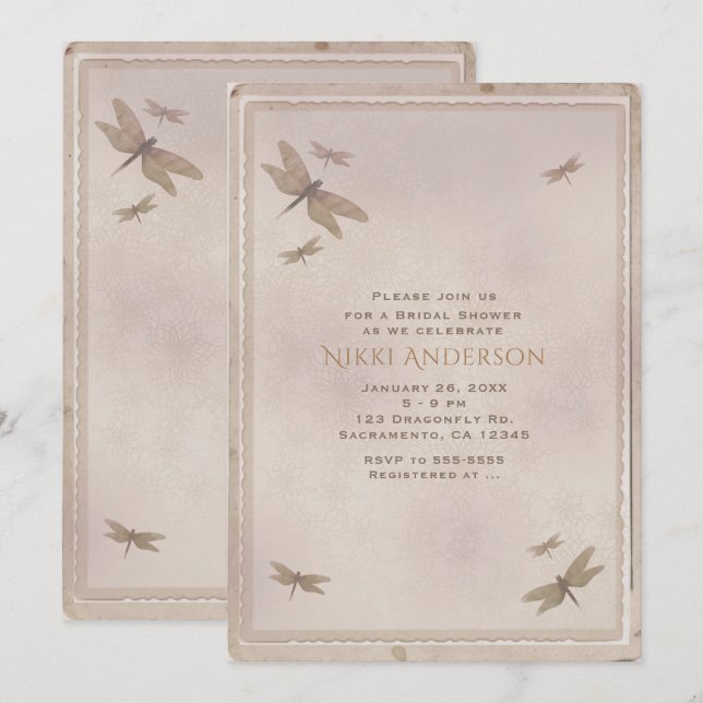 Dragonflies Vintage Libelle Elegante Einladung (Vorne/Hinten)