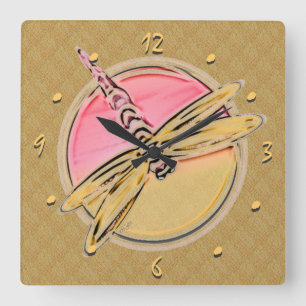 Dragonfly Art in Rosa und Gold Quadratische Wanduhr