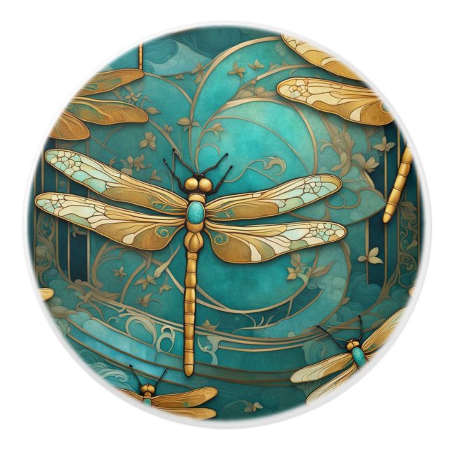 Dragonfly Art Nouveau Art Deco Aquamarine Insekten Keramikknauf (Vorderseite)