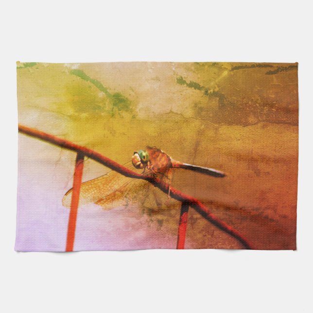Dragonfly auf Drahtzaun Abstrakt Geschirrtuch (Horizontal)