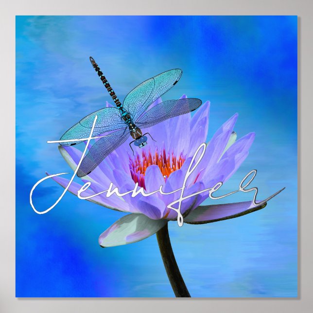 Dragonfly auf Water Lily w Foil Name Prints Foliendrucke (Vorderseite)