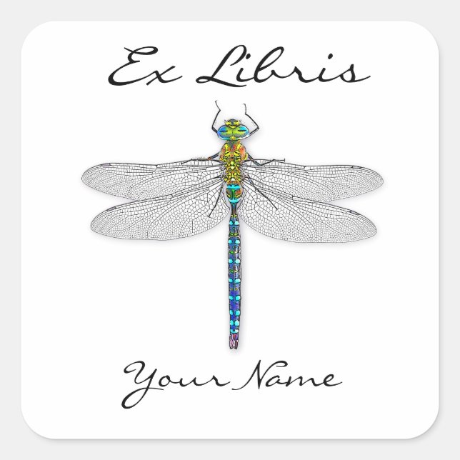 Dragonfly Ex Libris Buchzeichen Quadratischer Aufkleber (Vorderseite)