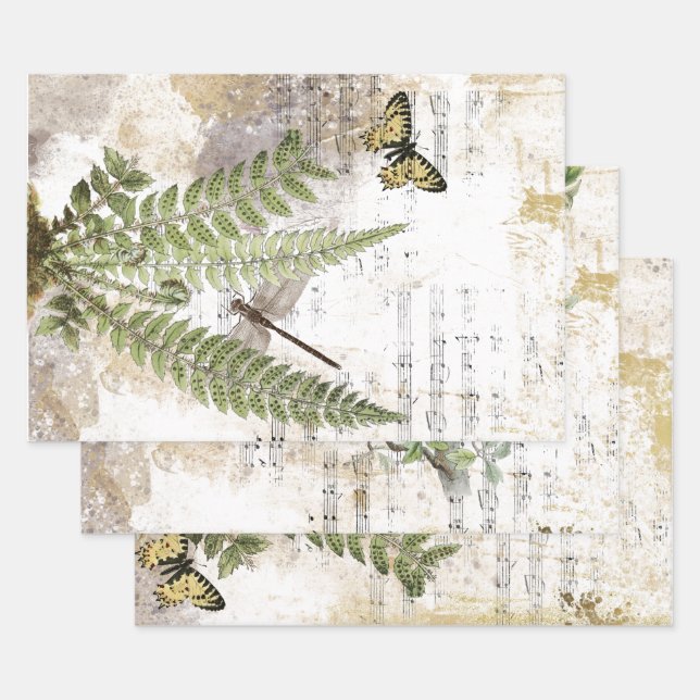 Dragonfly Fern Butterfly Bird Music Gold Decoute Geschenkpapier Set (Set)