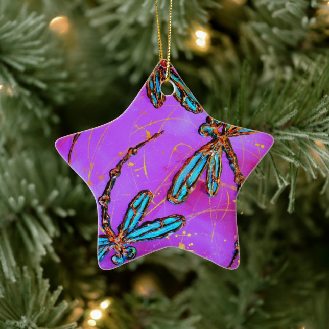 Dragonfly Flit Electric Pink Weihnachtsdekoration Keramik Ornament (Baum)