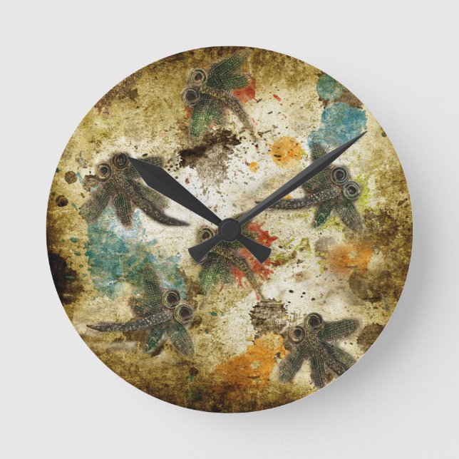Dragonfly Flit Rustikaler Splash Runde Wanduhr (Vorderseite)