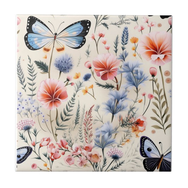 Dragonfly Garden Pink Blue Floral Blume Fliese (Vorderseite)