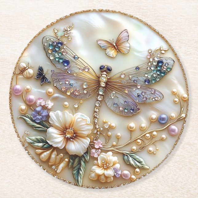 Dragonfly Gemis Pearls Butterflies Blume Runder Pappuntersetzer (Vorderseite)