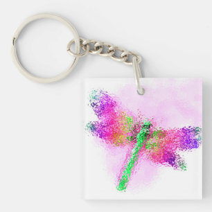 Dragonfly-Kunst aus Hartglas (pink) Schlüsselanhänger