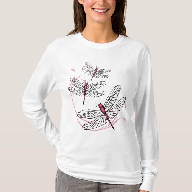 Dragonfly Ladies Long Manche Pink T-shirt (Devant)